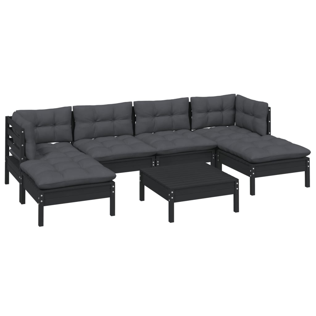 7 Piece Garden Lounge Set with Cushions Black Pinewood