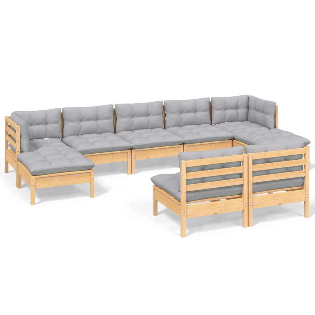 9 Piece Garden Lounge Set with Grey Cushions Pinewood