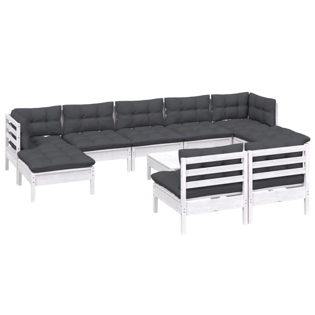10 Piece Garden Lounge Set with Cushions White Pinewood