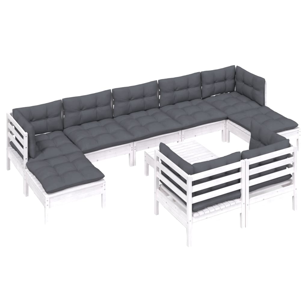 10 Piece Garden Lounge Set with Cushions White Solid Pinewood