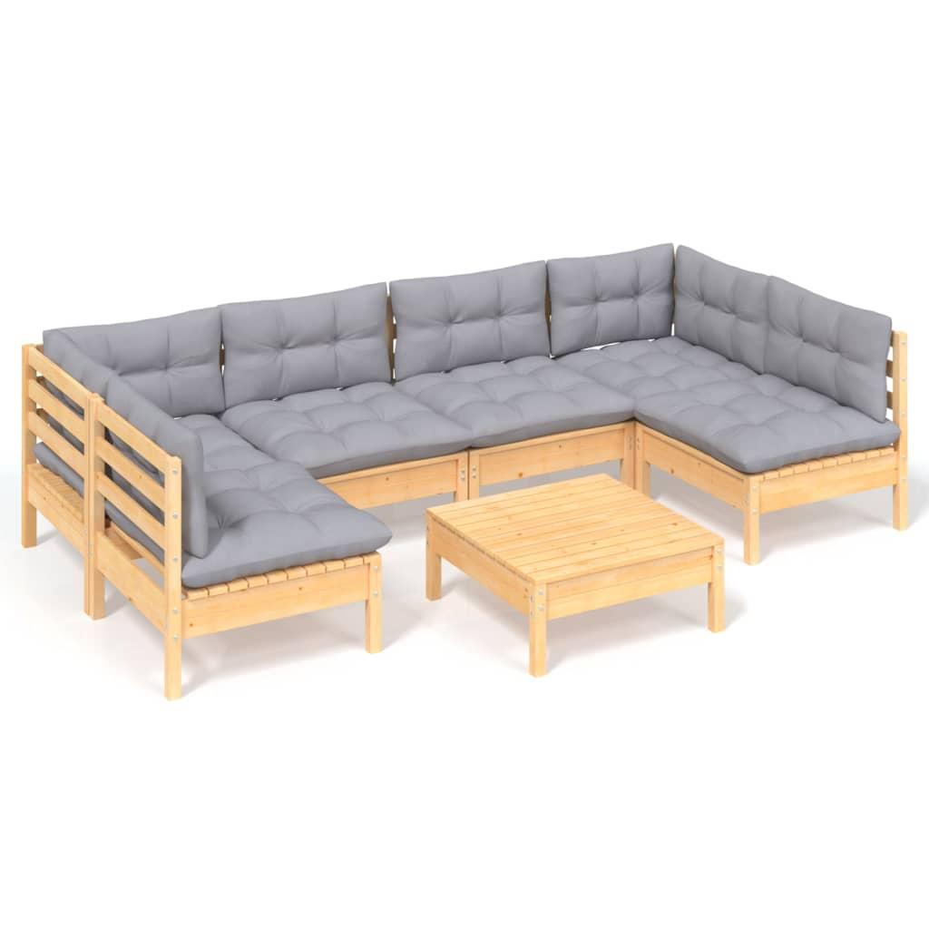 7 Piece Garden Lounge Set with Grey Cushions Solid Pinewood