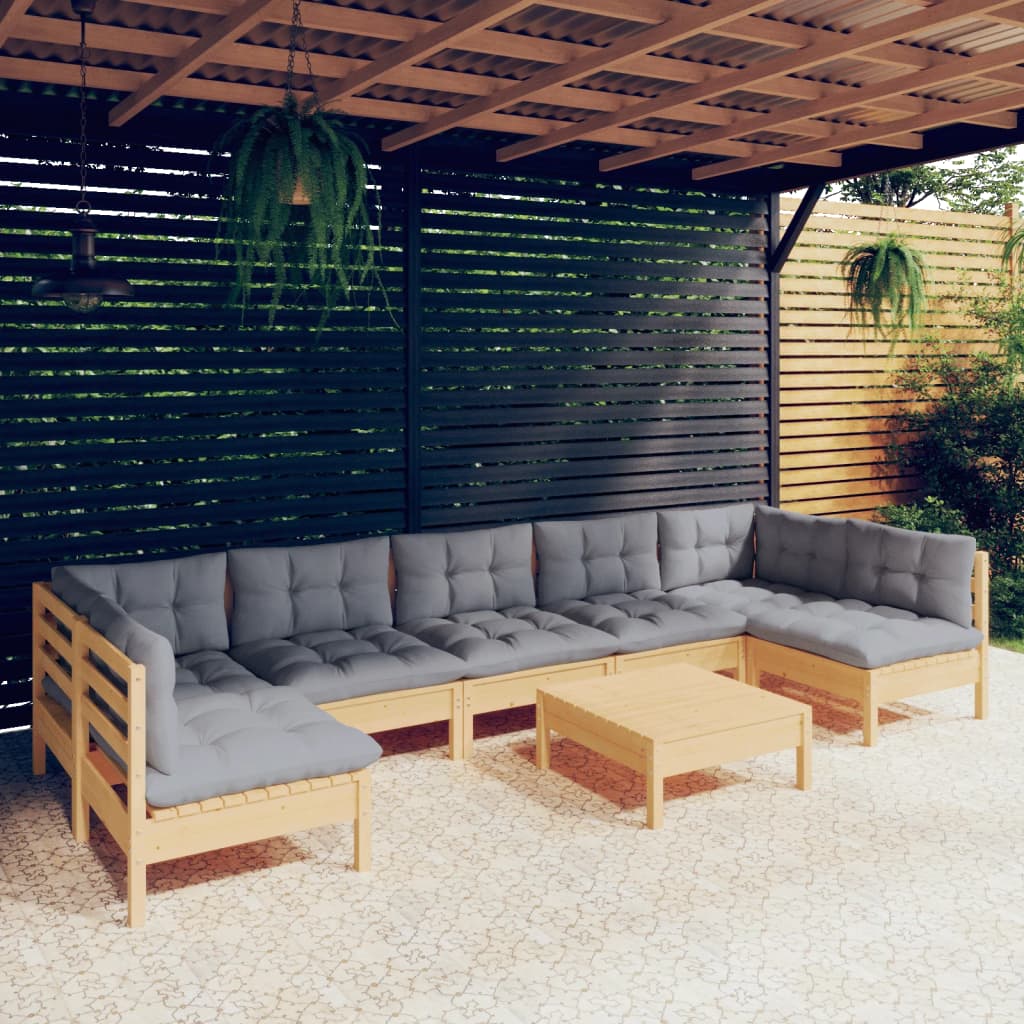 8 Piece Garden Lounge Set with Grey Cushions Solid Pinewood