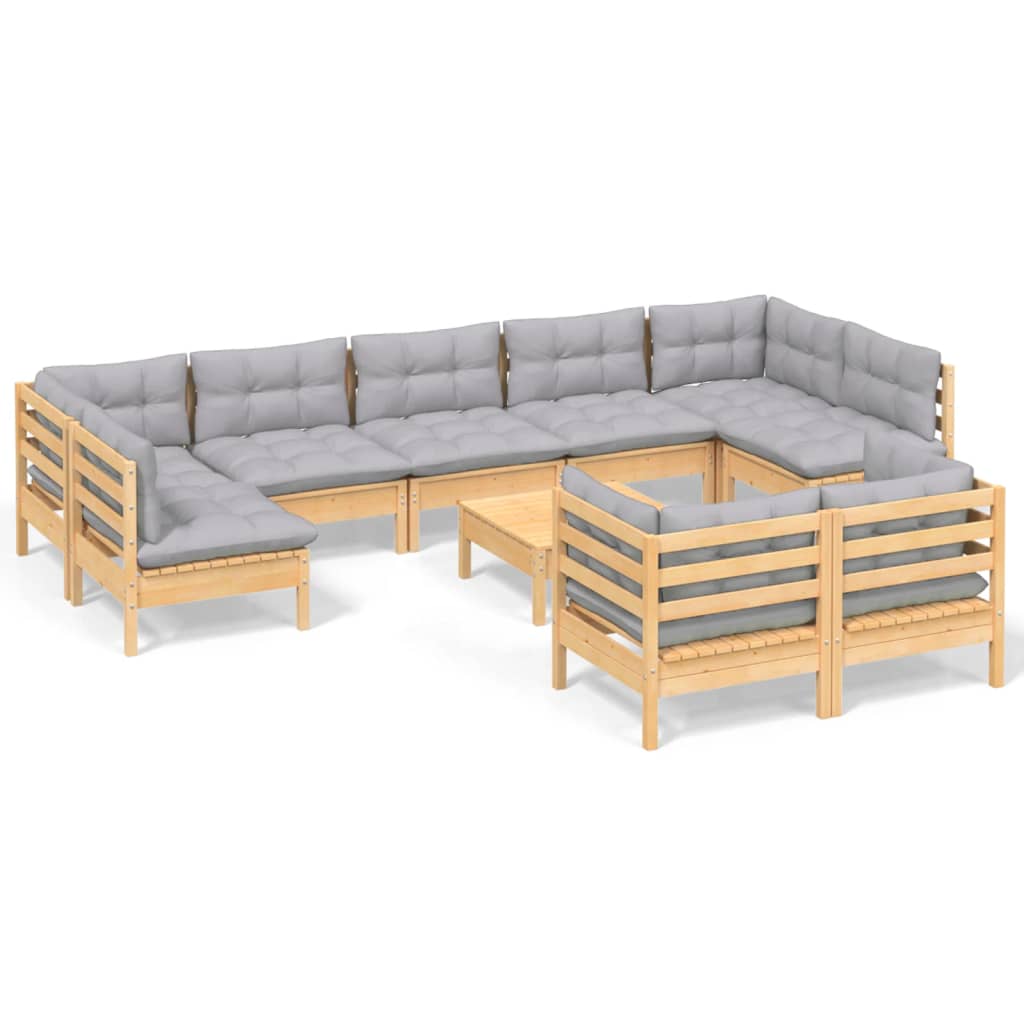 10 Piece Garden Lounge Set with Grey Cushions Solid Pinewood