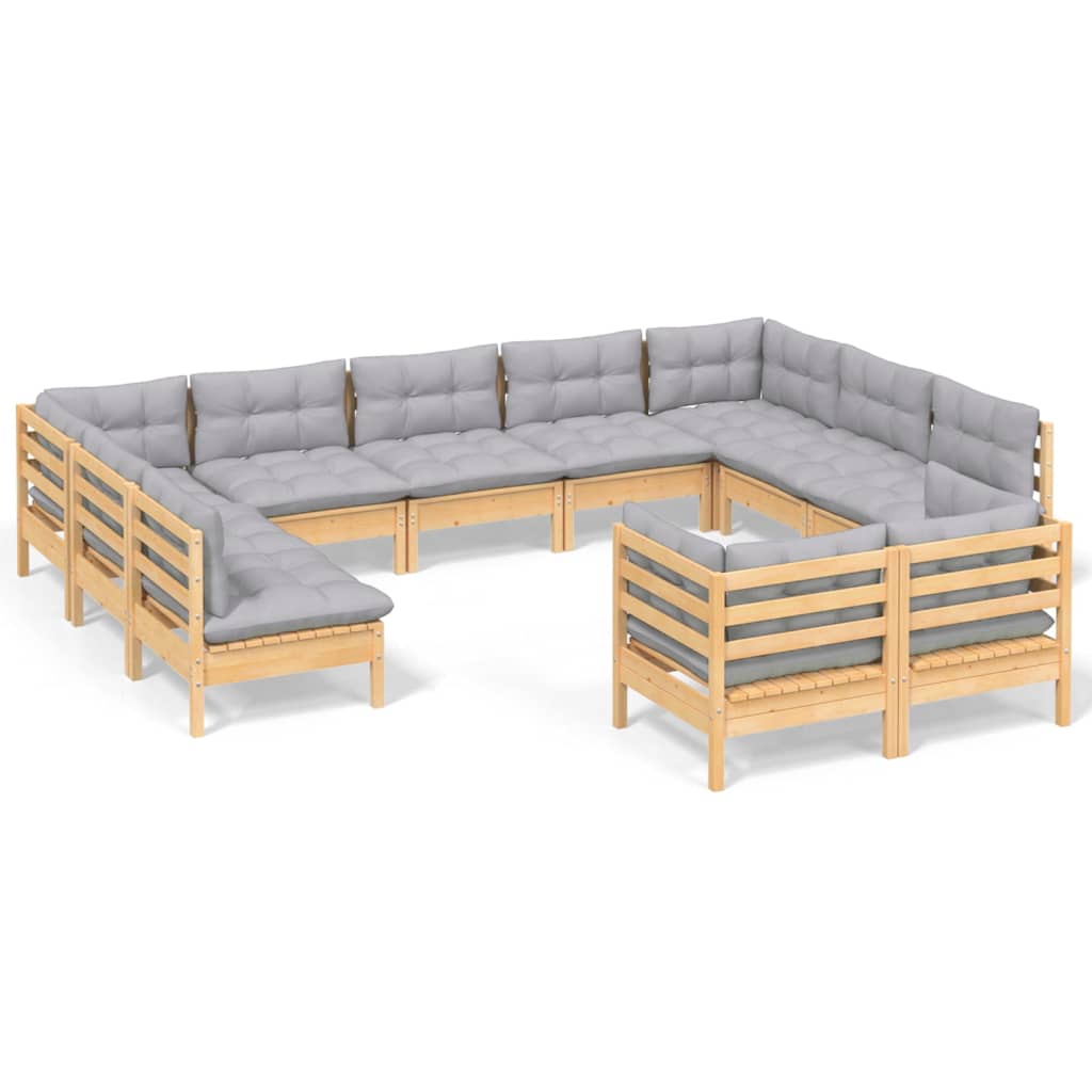 11 Piece Garden Lounge Set with Grey Cushions Solid Pinewood