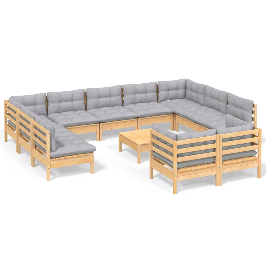 12 Piece Garden Lounge Set with Grey Cushions Solid Pinewood