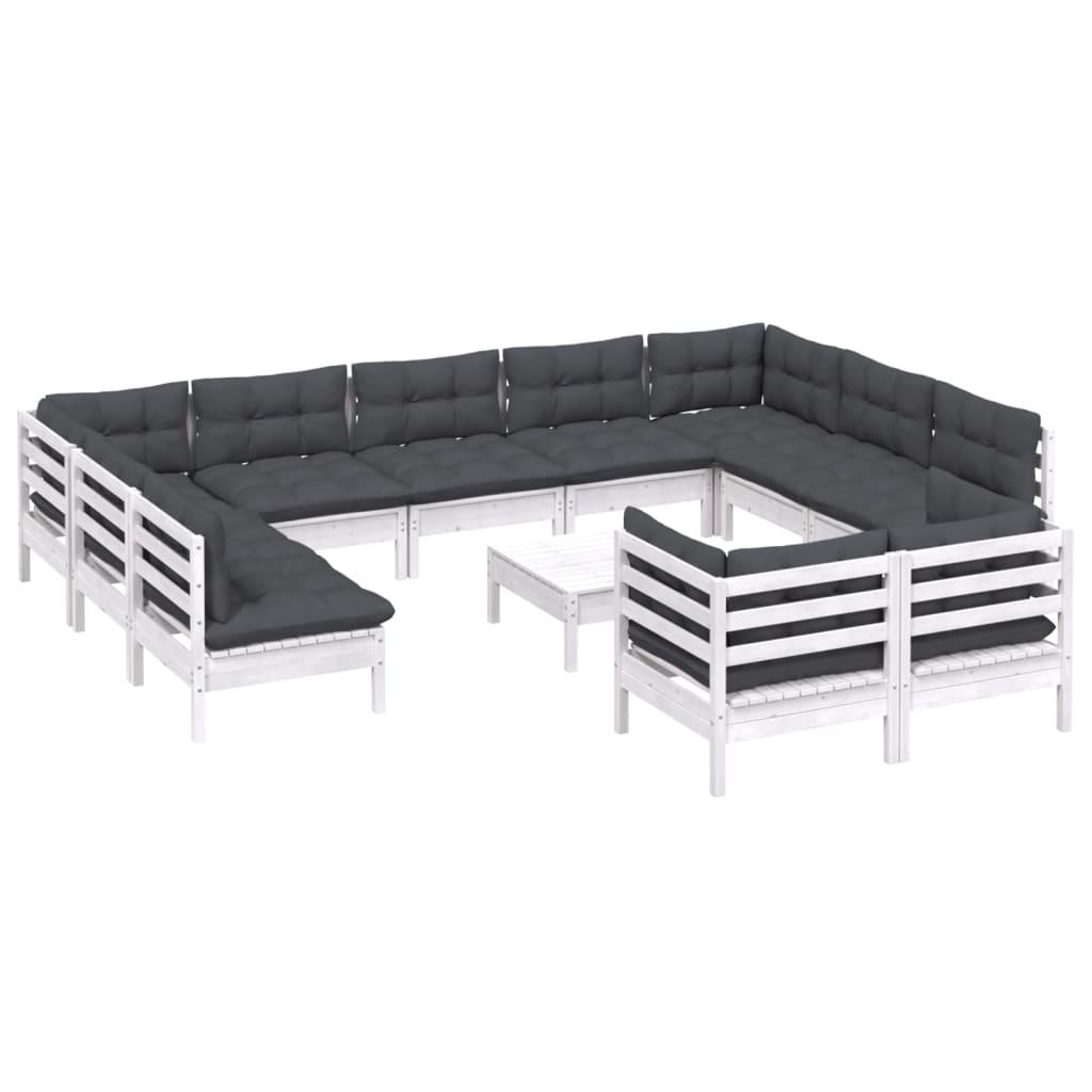 12 Piece Garden Lounge Set with Cushions White Solid Pinewood