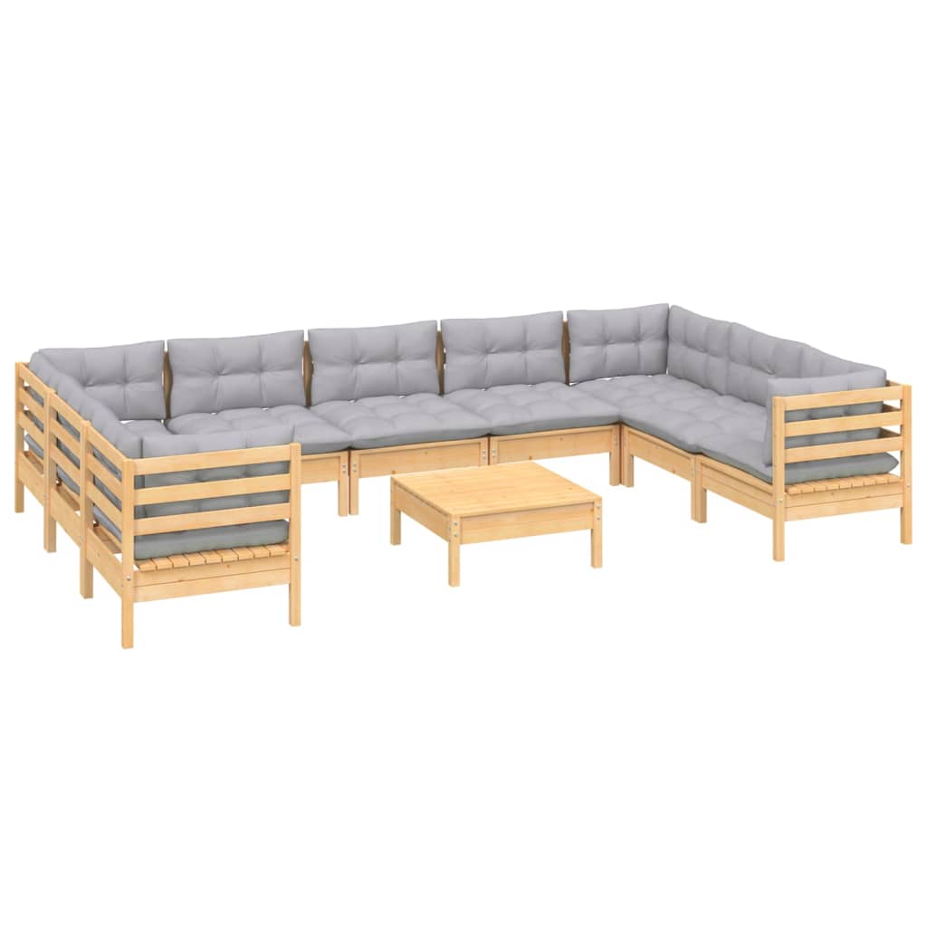 10 Piece Garden Lounge Set with Grey Cushions Pinewood