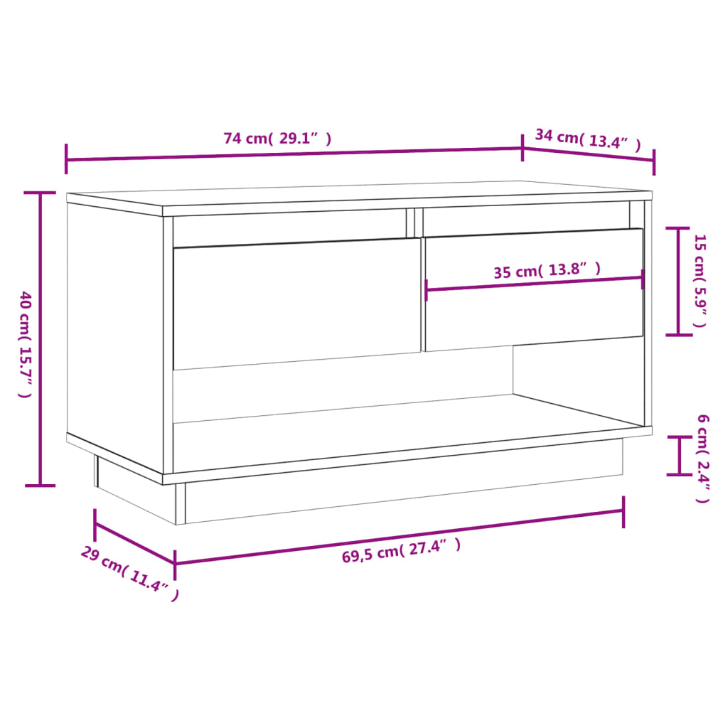 TV Cabinet White 74x34x40 cm Solid Wood Pine