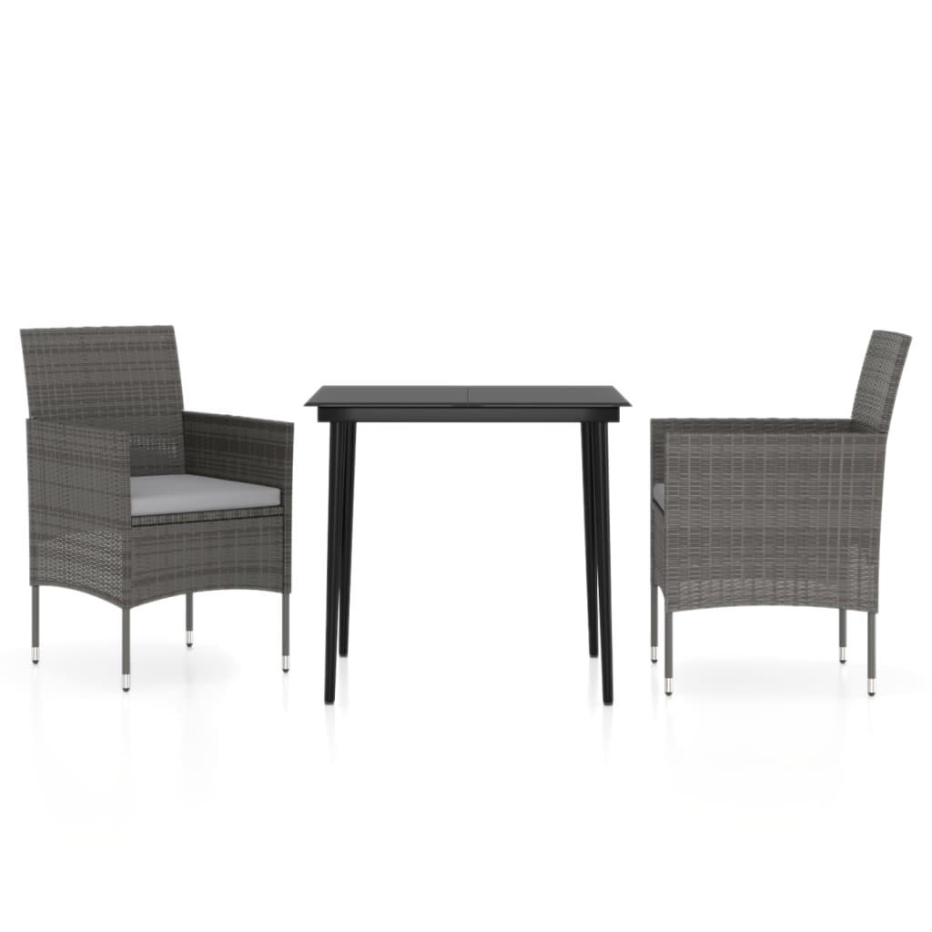 3 Piece Garden Dining Set with Cushions Grey and Black