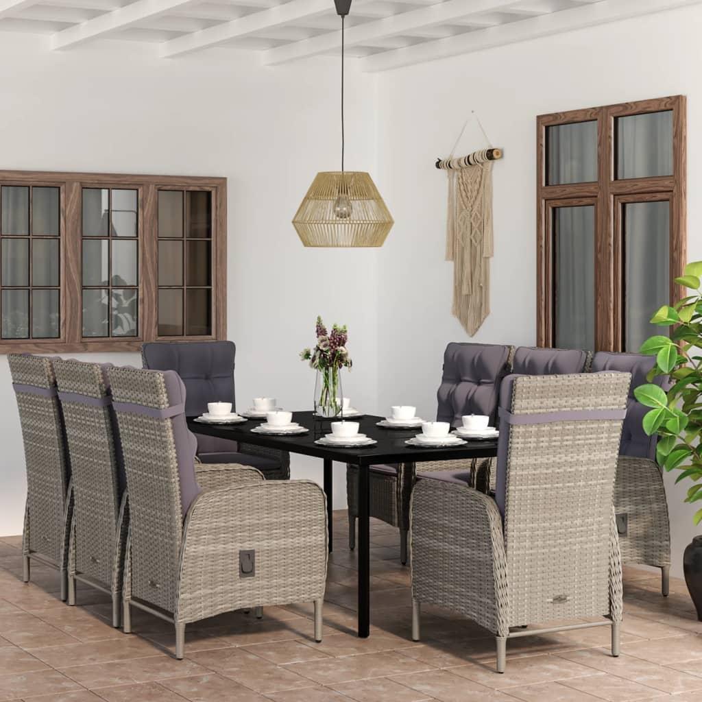 9 Piece Garden Dining Set with Cushions Grey and Black