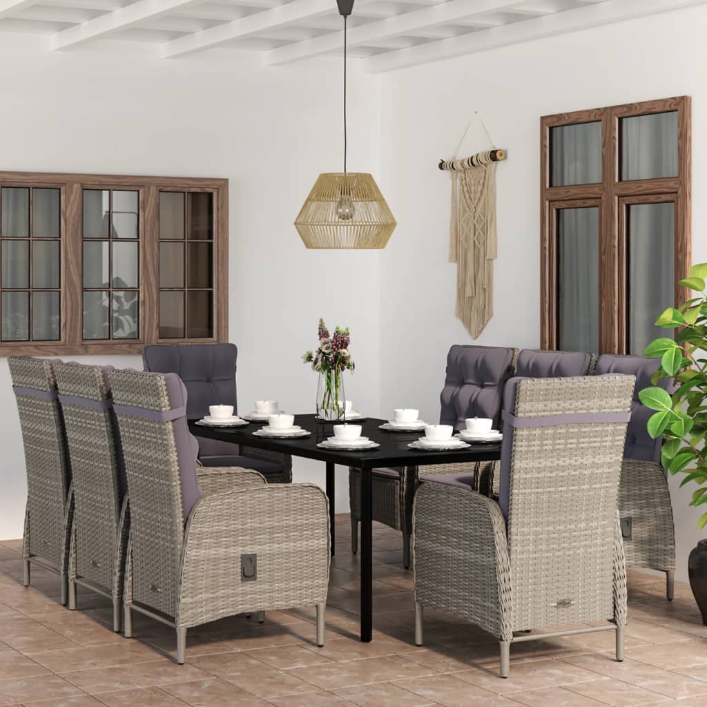 9 Piece Garden Dining Set with Cushions Grey and Black