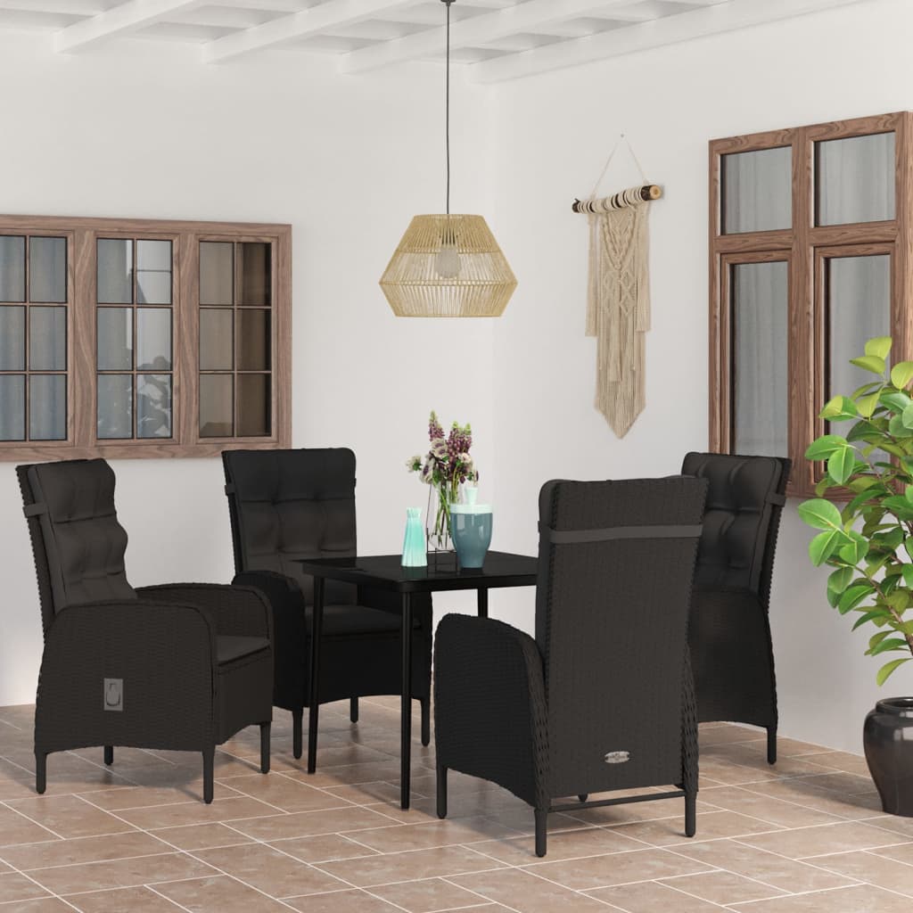 5 Piece Garden Dining Set with Cushions Black