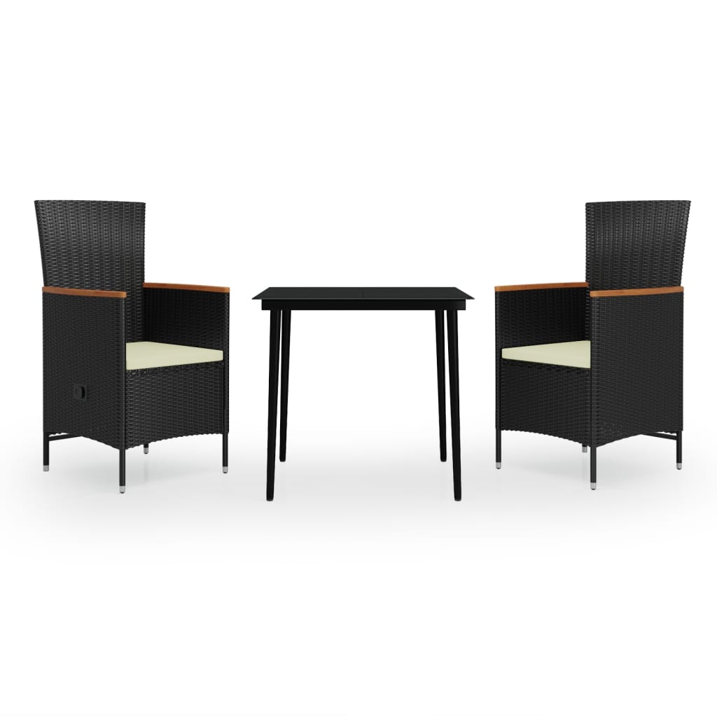 3 Piece Garden Dining Set with Cushions Black