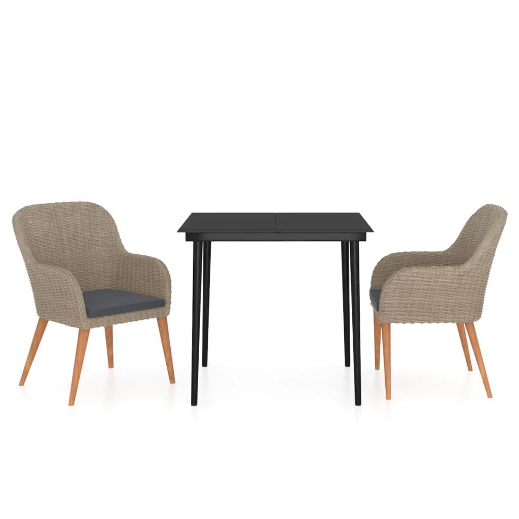 3 Piece Garden Dining Set with Cushions Brown