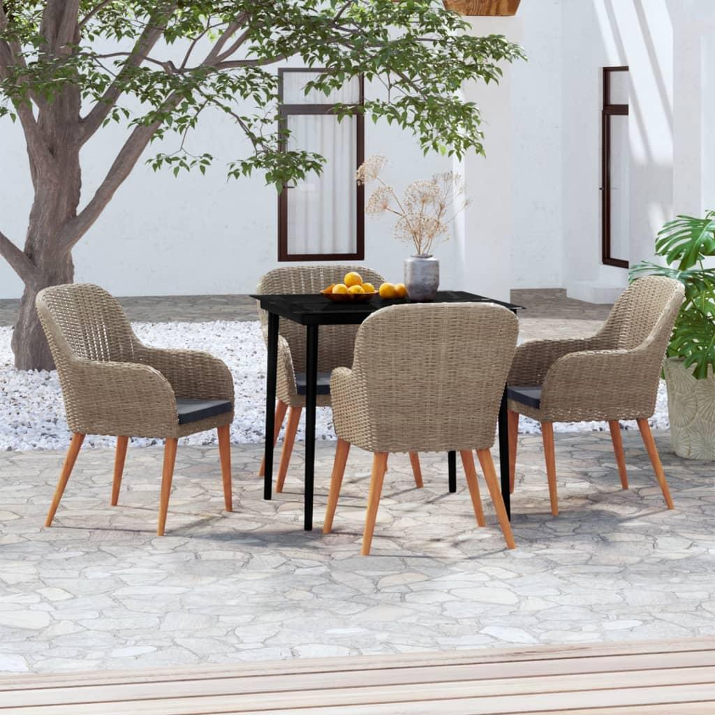 5 Piece Garden Dining Set with Cushions Brown