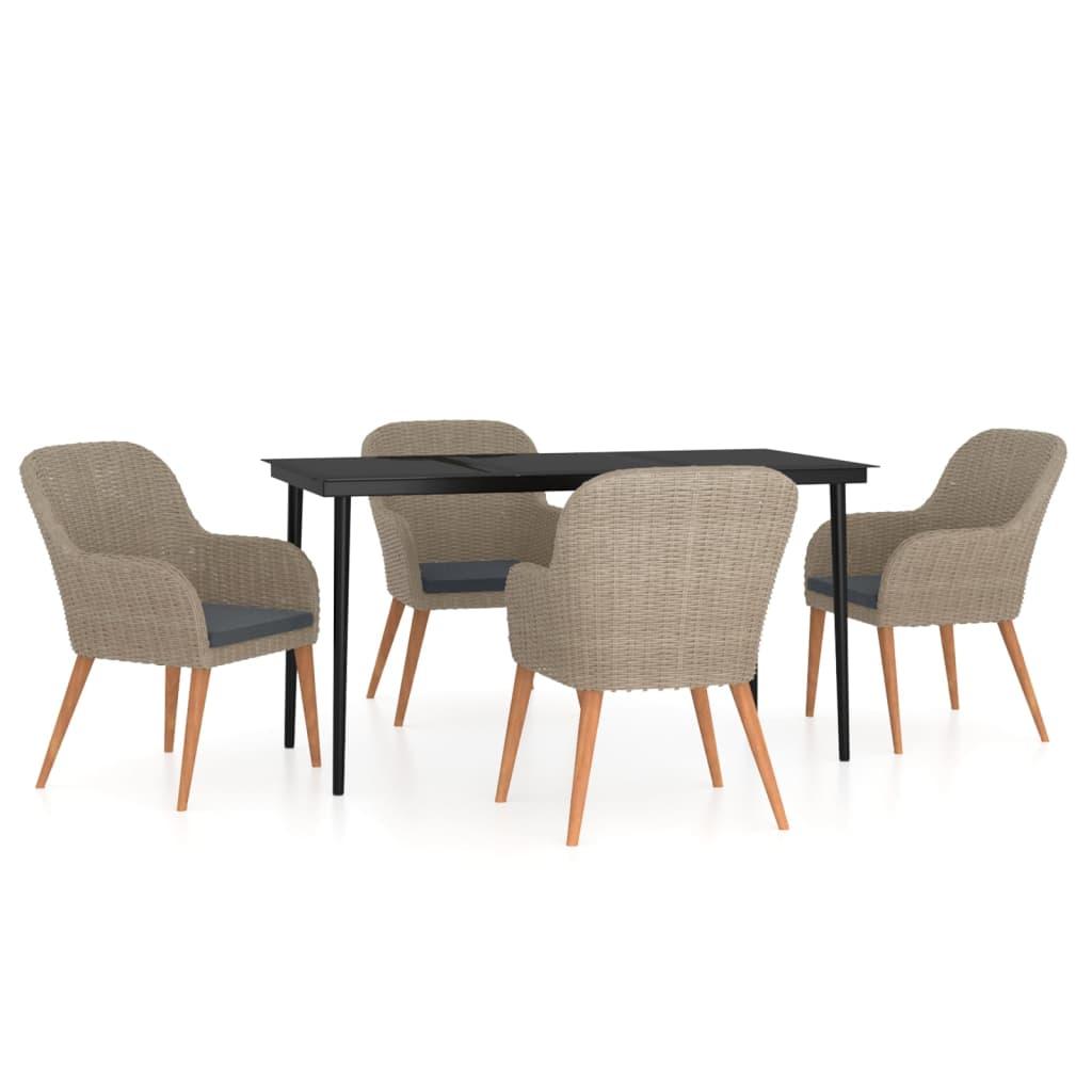5 Piece Garden Dining Set with Cushions Brown