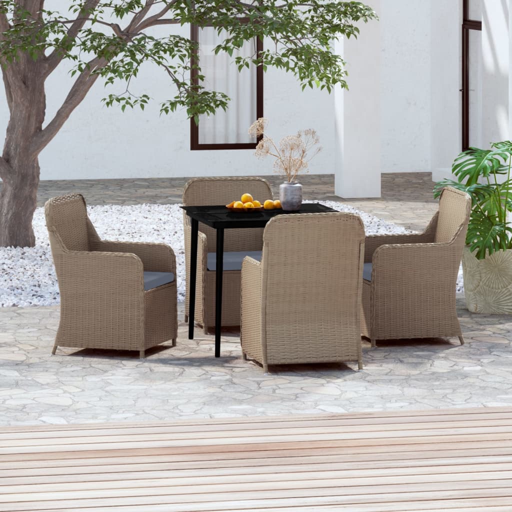 5 Piece Garden Dining Set with Cushions Brown