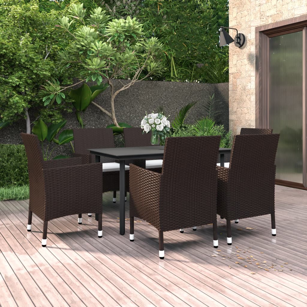 7 Piece Garden Dining Set with Cushions Poly Rattan and Glass