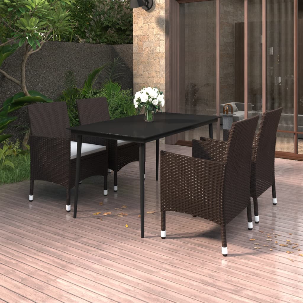 5 Piece Garden Dining Set with Cushions Poly Rattan and Glass