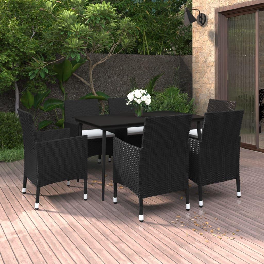 7 Piece Garden Dining Set with Cushions Poly Rattan and Glass