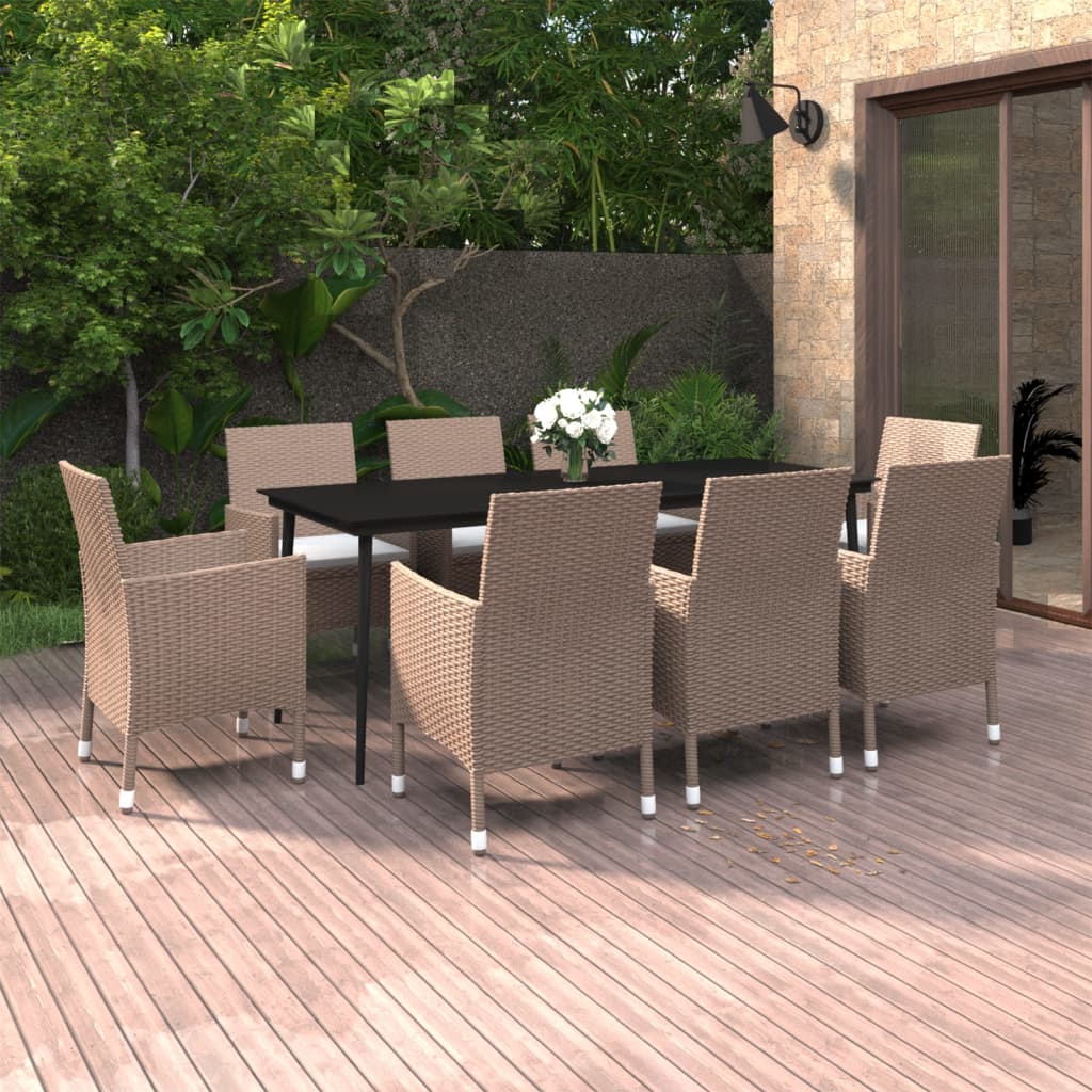 9 Piece Garden Dining Set with Cushions Poly Rattan and Glass