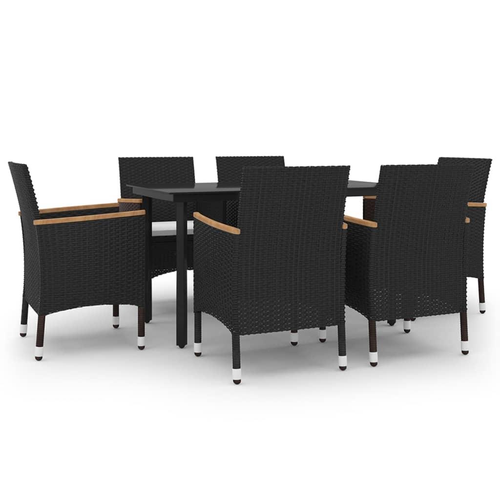 7 Piece Garden Dining Set with Cushions Poly Rattan and Glass