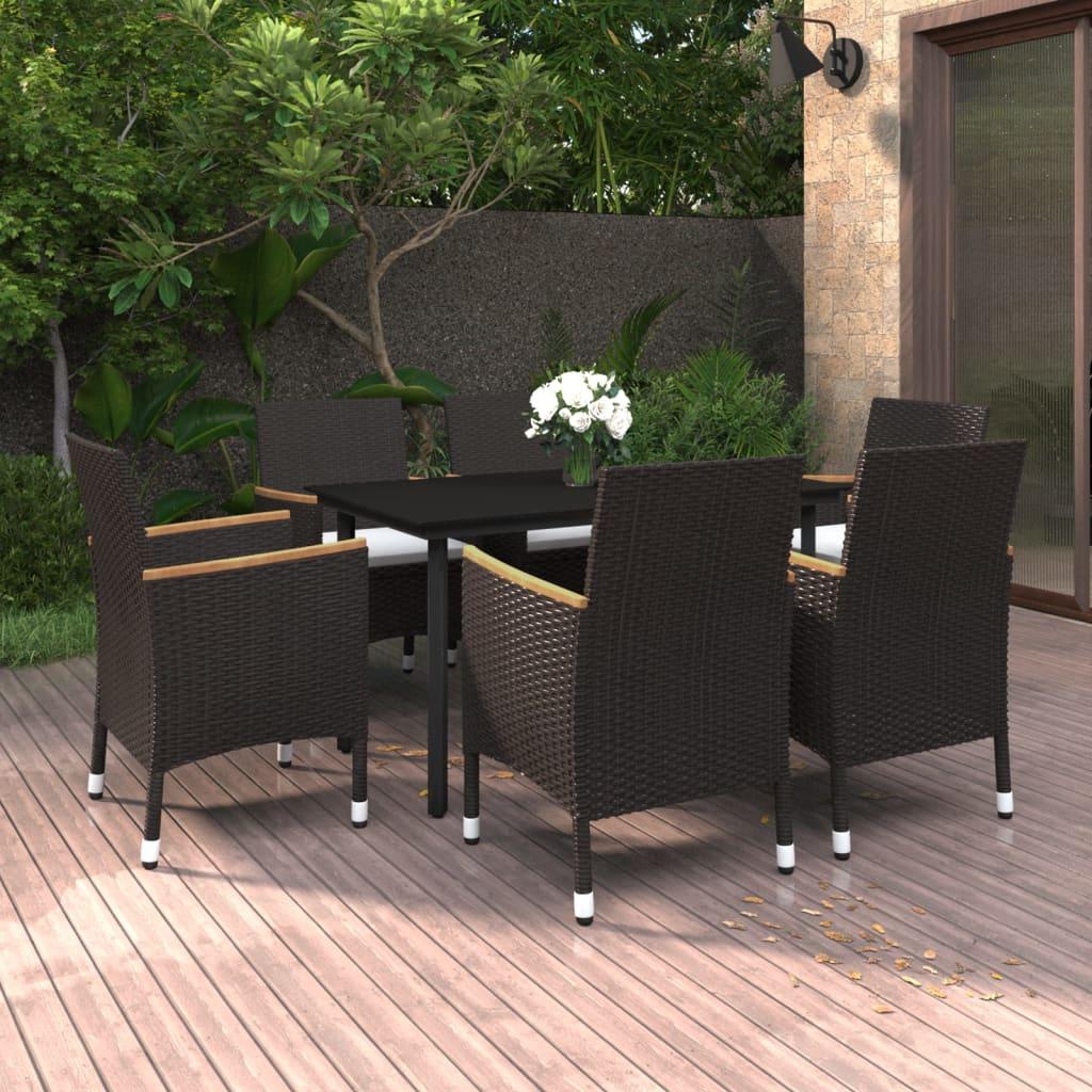 7 Piece Garden Dining Set with Cushions Poly Rattan and Glass