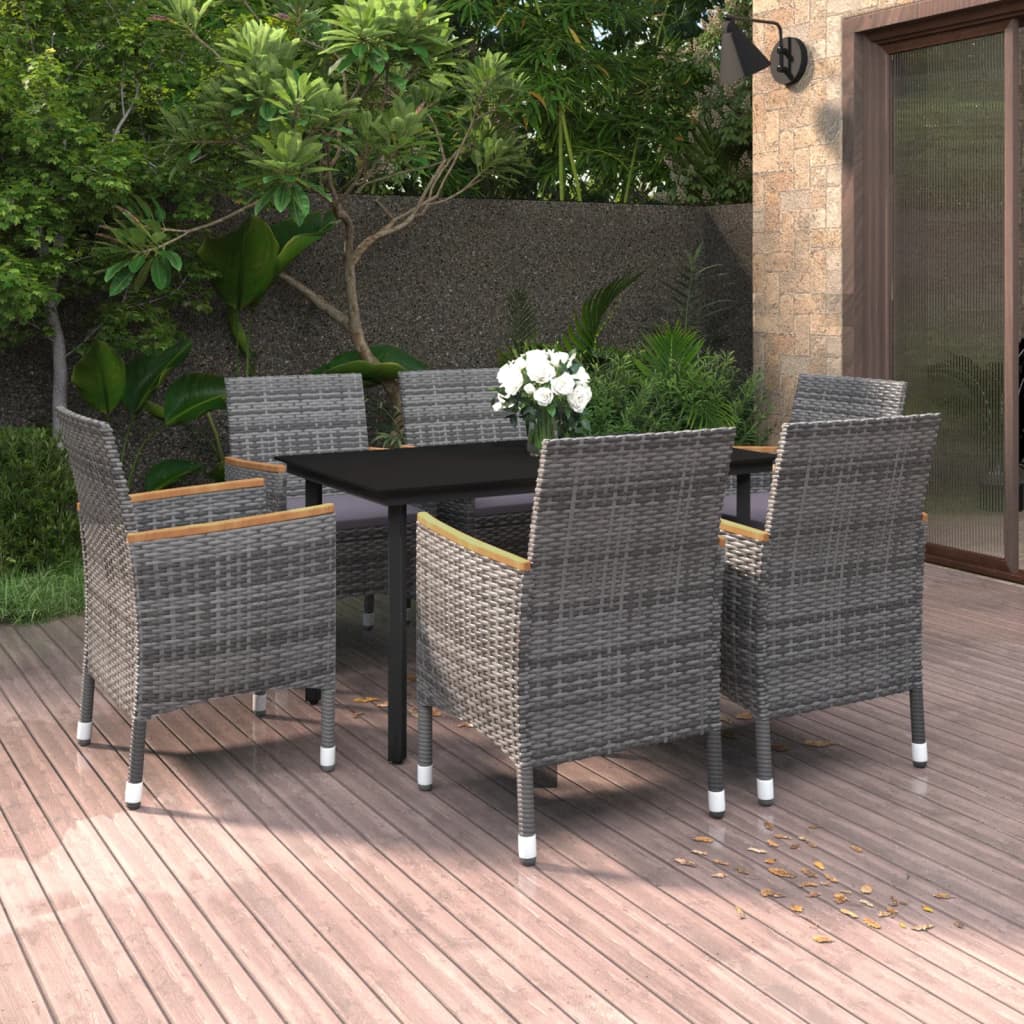 7 Piece Garden Dining Set with Cushions Poly Rattan and Glass