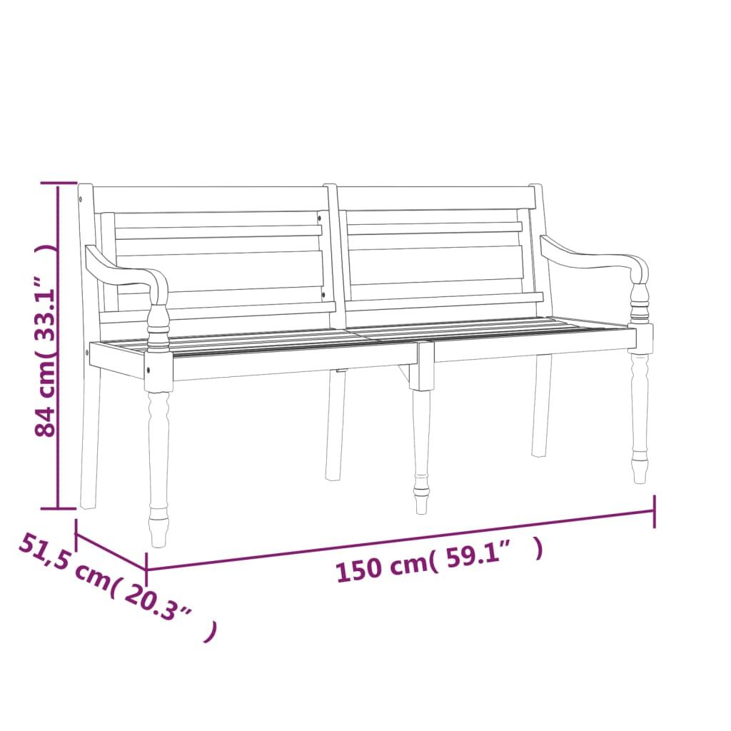 Batavia Bench with Taupe Cushion 150 cm Solid Wood Teak