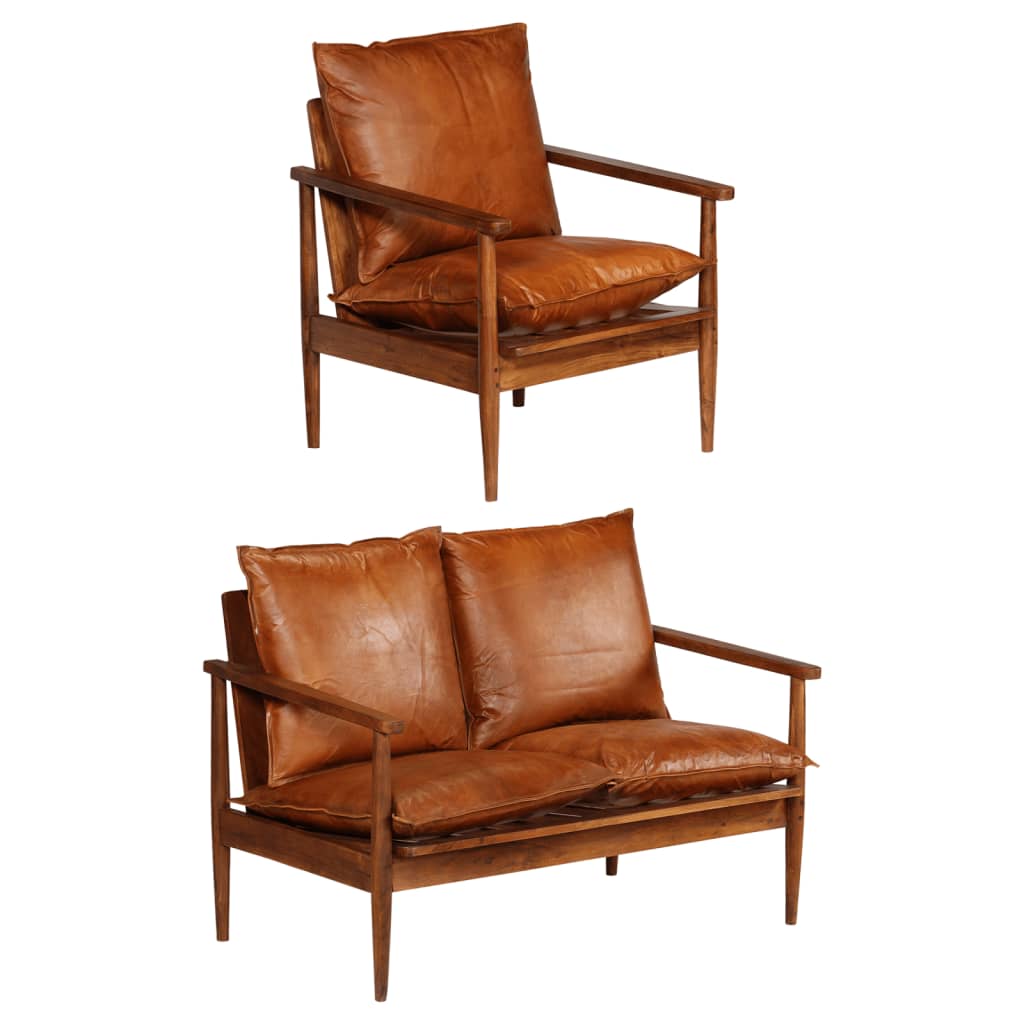 2 Piece Sofa Set Brown Real Leather and Solid Wood Acacia