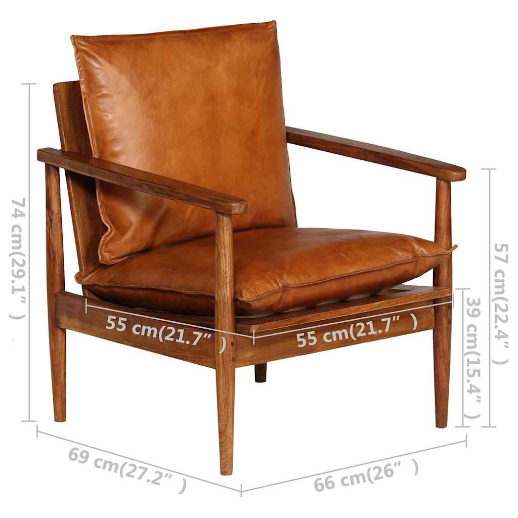 2 Piece Sofa Set Brown Real Leather and Solid Wood Acacia