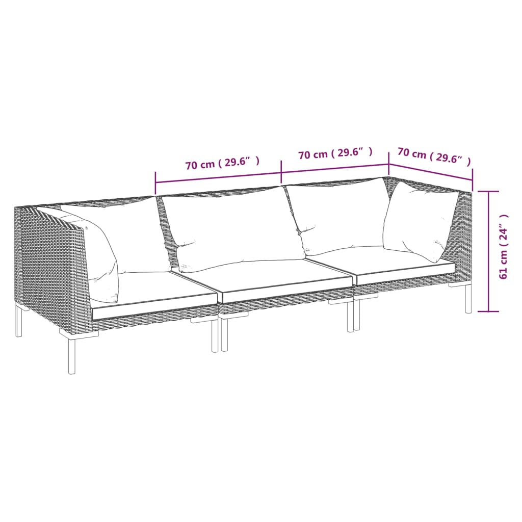 3 Piece Garden Lounge Set with Cushions Poly Rattan Dark Grey