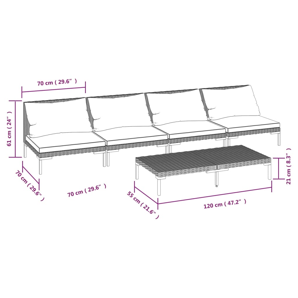 5 Piece Garden Lounge Set with Cushions Poly Rattan Dark Grey