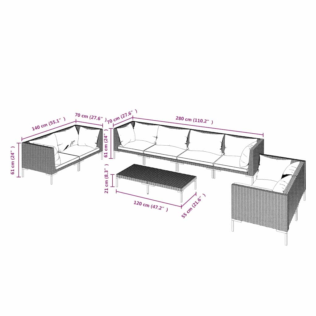 9 Piece Garden Lounge Set with Cushions Poly Rattan Dark Grey