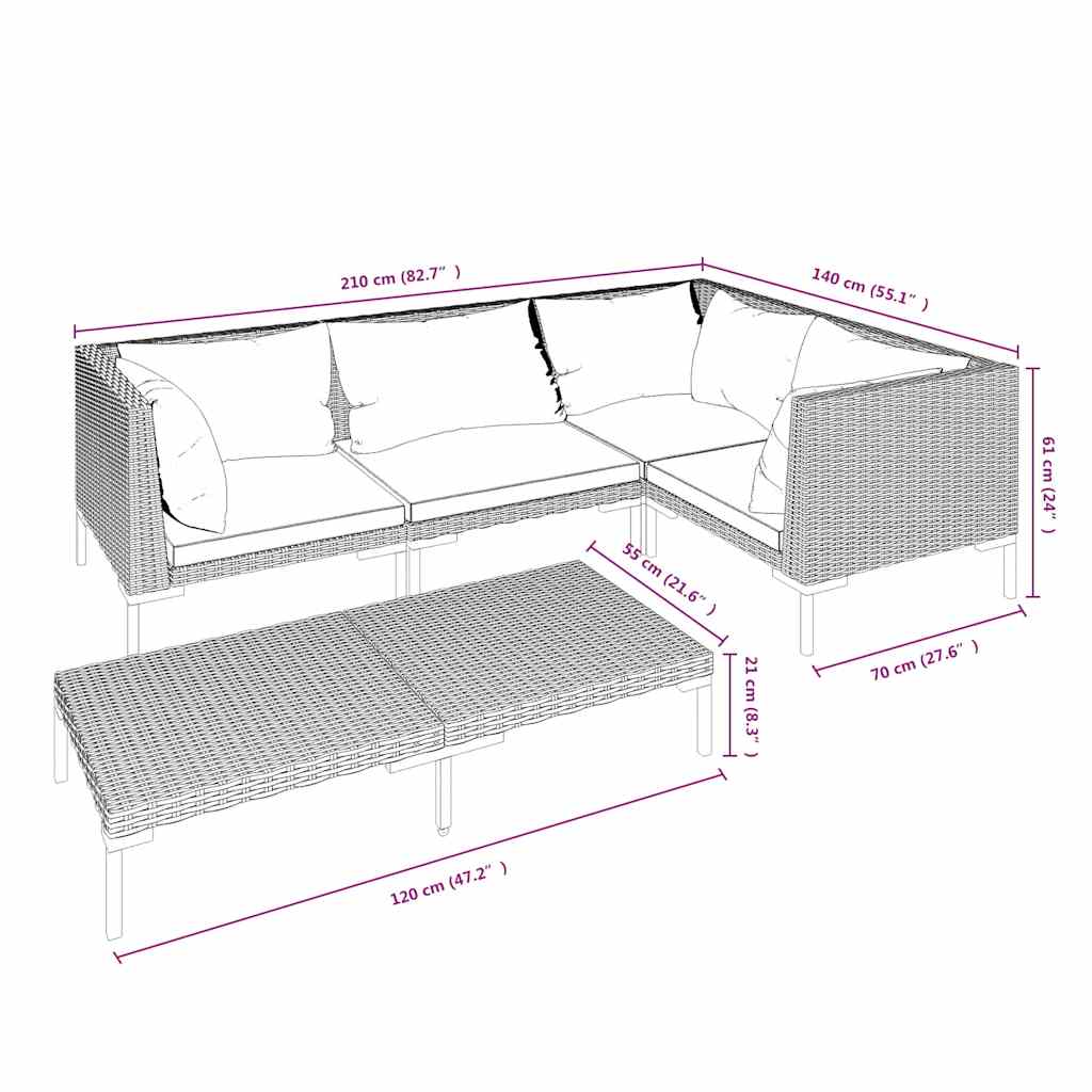5 Piece Garden Lounge Set with Cushions Poly Rattan Dark Grey