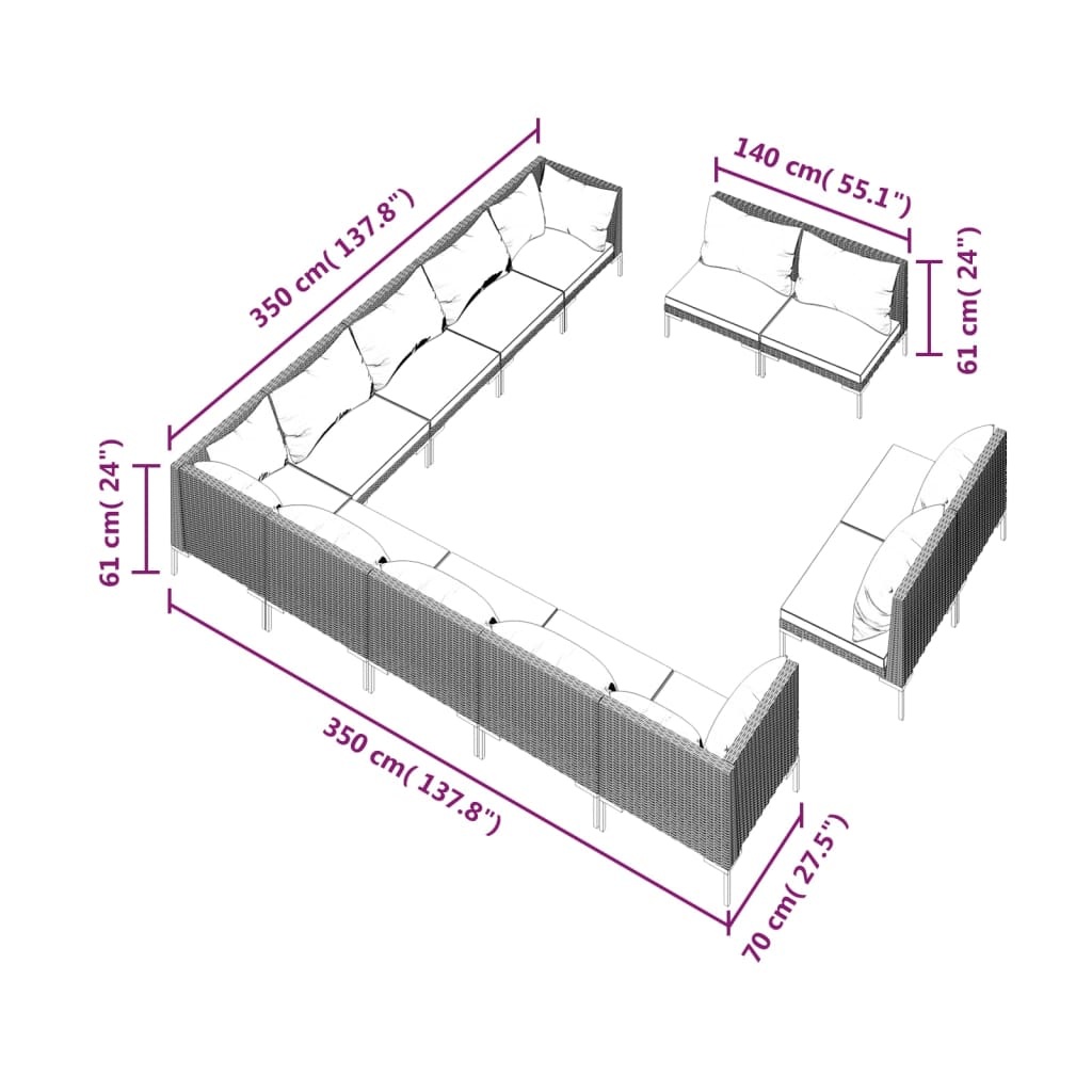 13 Piece Garden Lounge Set with Cushions Poly Rattan Dark Grey
