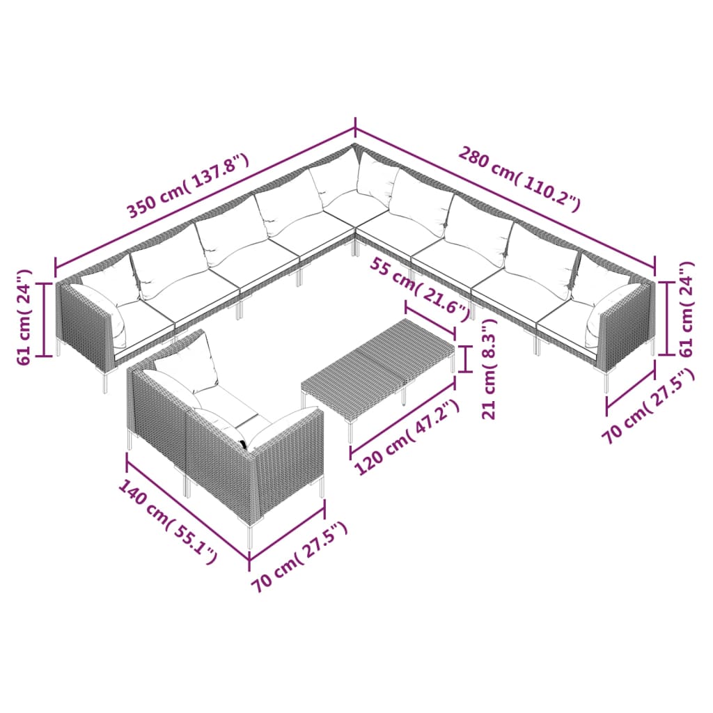 12 Piece Garden Lounge Set with Cushions Poly Rattan Dark Grey