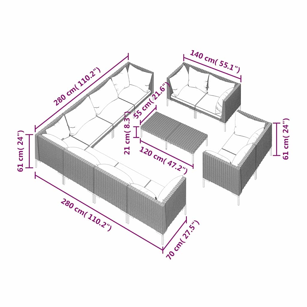 12 Piece Garden Lounge Set with Cushions Poly Rattan Dark Grey