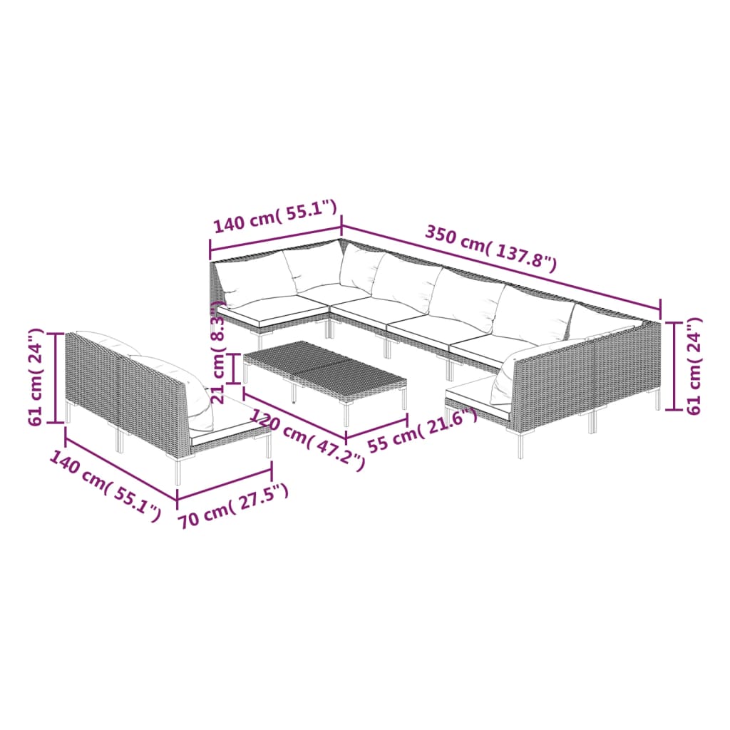 10 Piece Garden Lounge Set with Cushions Poly Rattan Dark Grey