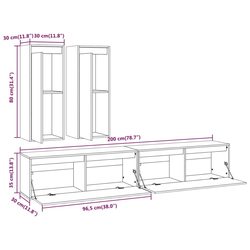 TV Cabinets 4 pcs Black Solid Wood Pine