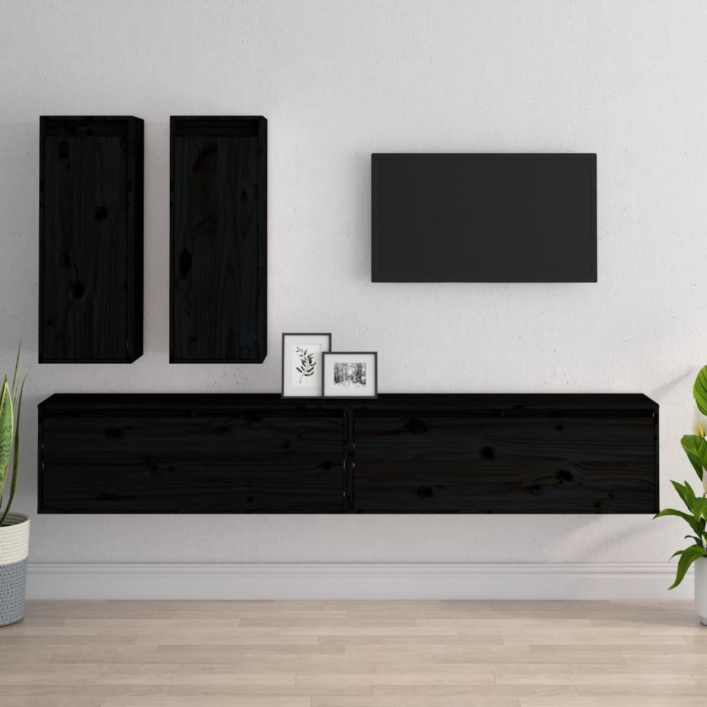 TV Cabinets 4 pcs Black Solid Wood Pine