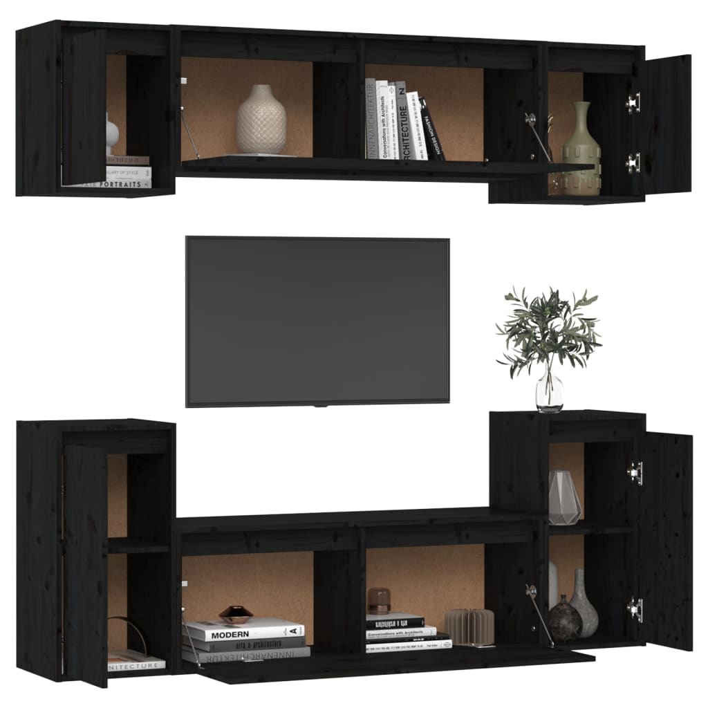 TV Cabinets 6 pcs Black Solid Wood Pine