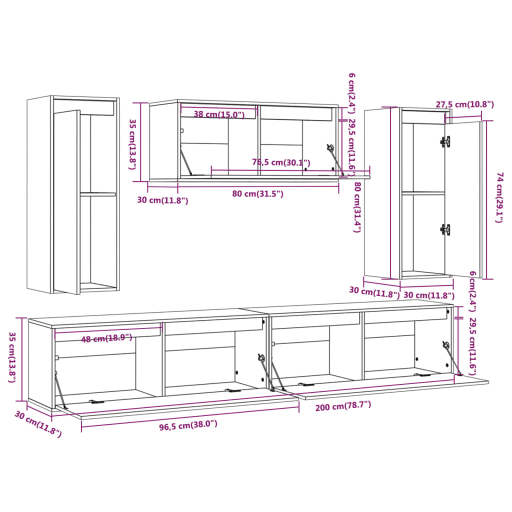 TV Cabinets 5 pcs Solid Wood Pine