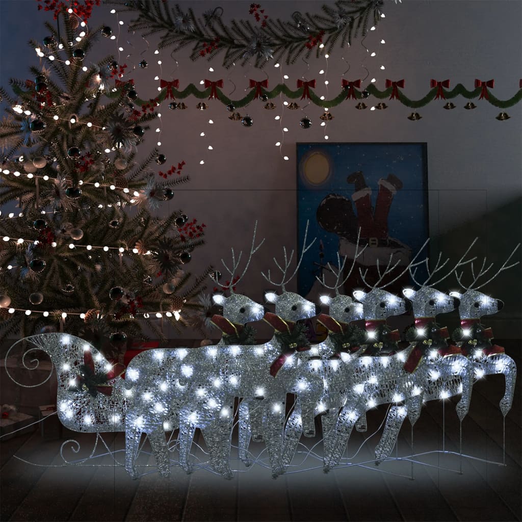 Reindeer &amp; Sleigh Christmas Decoration 140 LEDs Outdoor Silver