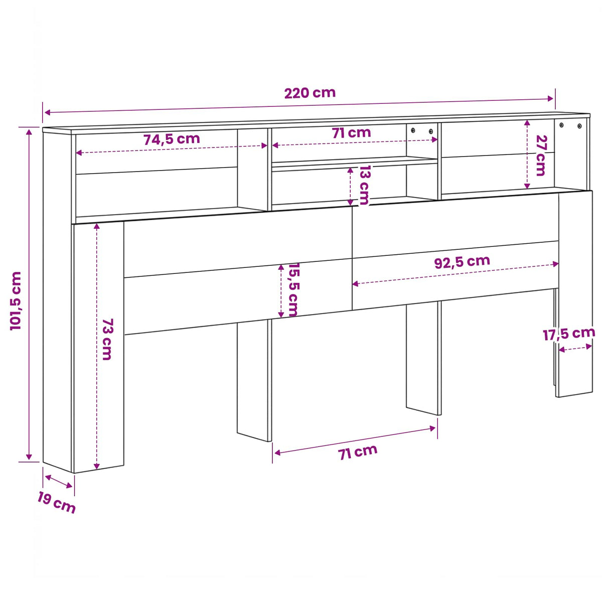 Headboard Cabinet White 220x19x101.5 cm