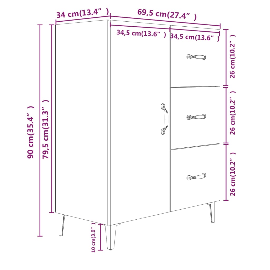 Sideboard High Gloss White 69.5x34x90 cm Engineered Wood