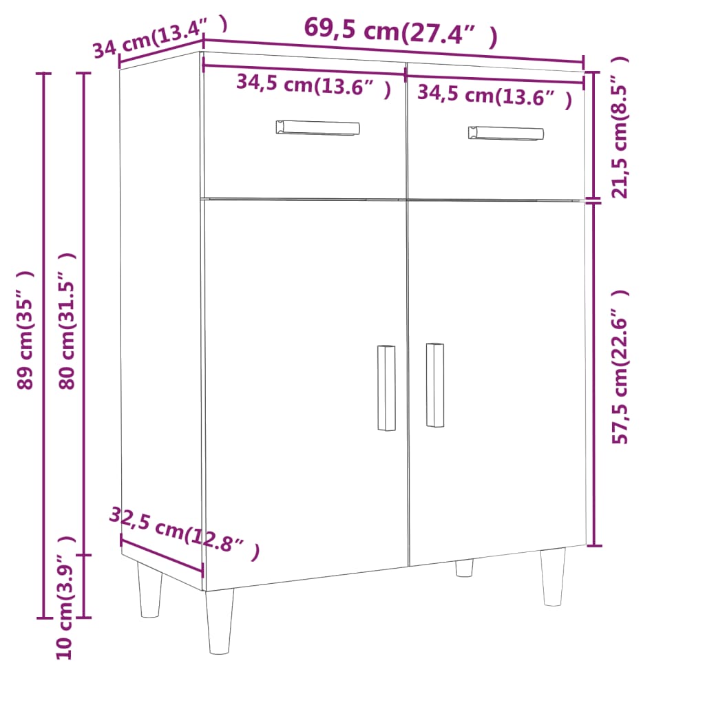 Sideboard High Gloss White 69.5x34x89 cm Engineered Wood