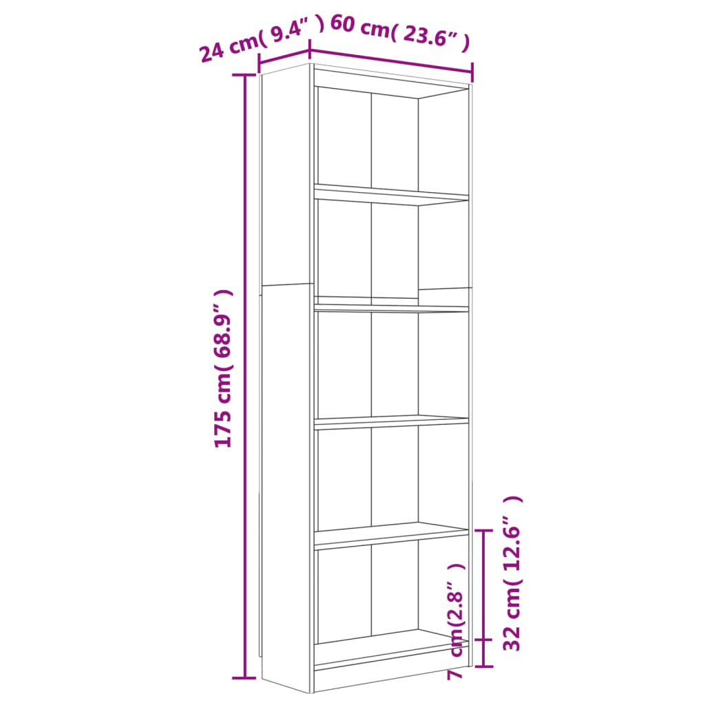 5-Tier Book Cabinet Smoked Oak 60x24x175 cm Engineered Wood