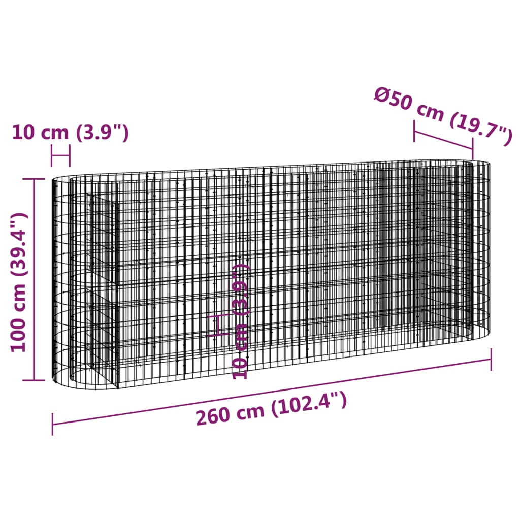 Gabion Raised Bed Galvanised Iron 260x50x100 cm