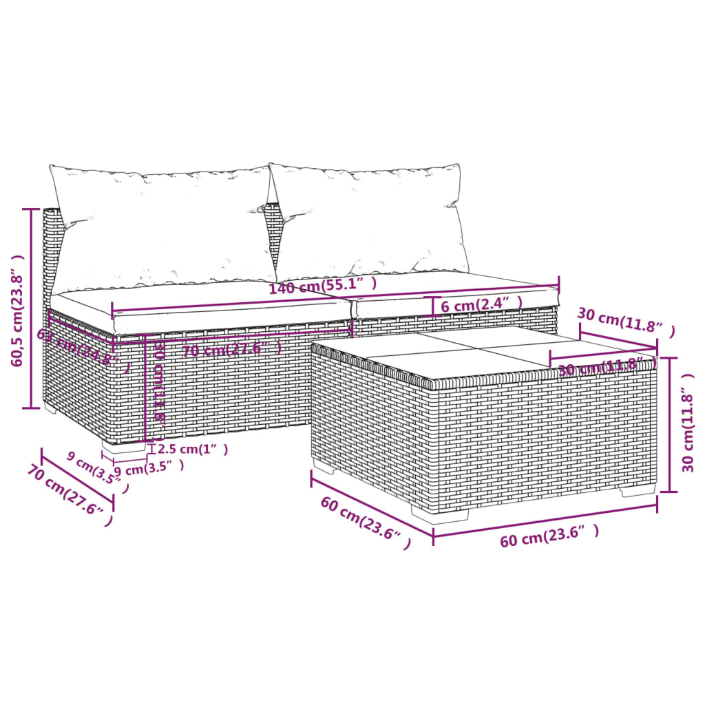 3 Piece Garden Lounge Set with Cushions Poly Rattan Black